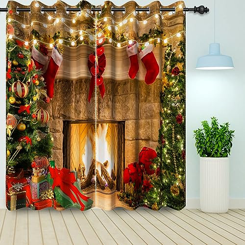 Bovlleetd Cheminée de noël Rideaux de fenêtre Arbre de noël Chaussettes Rouges réveillon du Nouvel an fête Salon assombrissement Traitement de fenêtre 2 pièces 140x225cm (Longueur x Largeur)