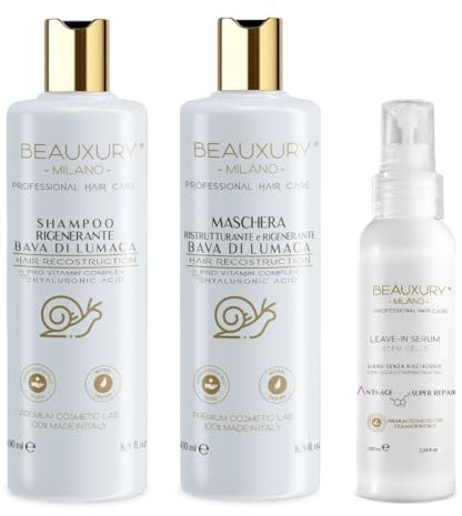 Beauxury Milano Kit Ricostruzione Professionale Shampoo, Maschera e Siero con Bava di Lumaca e Acido Ialuronico per Capelli Crespi e per Danni da Tintura e Decolorazione