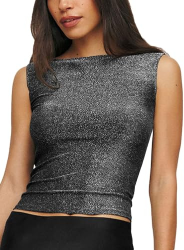 Onsoyours Paillettes Crop Tops Femmes sans Manches Col Rond Débardeur Paillettes Party Tops Clubwear Gilet De Danse Brillant A Argent S