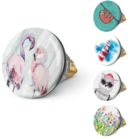 arteneur Pop-Up Waschbeckenstöpsel mit Motiv Loving Flamingo | Mit Haarsieb gegen Verstopfungen, Doppel-Dichtung, für Siphons 34-41 mm, rostfreier Edelstahl, für gängige Waschbecken