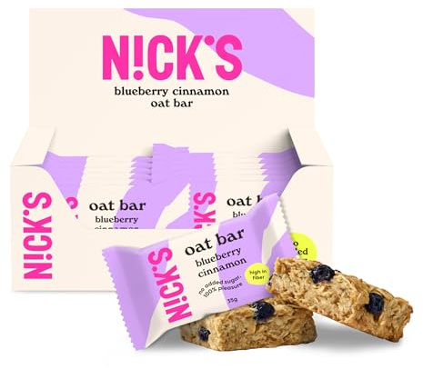 NICKS Barrette d'avena Mirtillo Cannella, Oat bar ad alto contenuto di fibre senza zuccheri aggiunti, Vegano, Snack tradizionale Flapjack (12x35g)