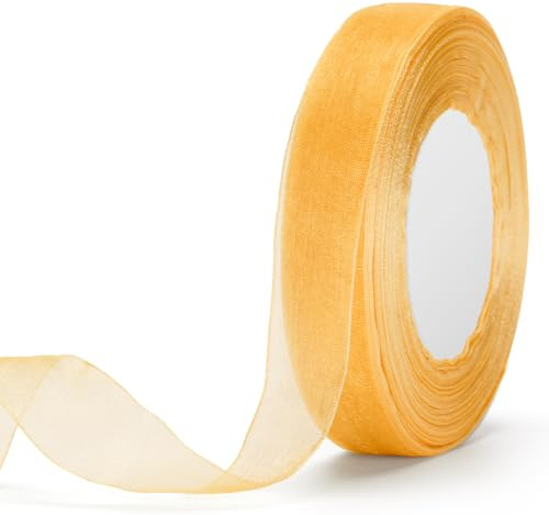 jijAcraft Organza Transparent Doré - Ruban en Mousseline de Soie pour Cadeau 45 m - Tulle Fin pour Nœud, Fleurs, Bricolage, Sapin de Noël