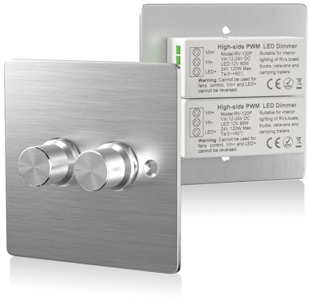 TobeBright Interruttore luminoso doppio dimmer DC12V-24V, Interruttore dimmer RV LED 120W 5A PWM Interruttore luminoso rotante 2Gang RV per luci a LED da 12 V in camper/barche/camion-argento