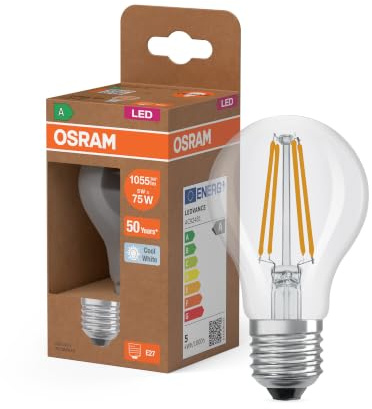 OSRAM LED SUPERSTAR+ CLASSIC A FIL 75 LED-Lampe, E27, klassische Kolbenform, 5W, 1055lm, 4000K, kaltweißes Licht, lange Lebensdauer, bis zu 60% Energieeinsparung im Vergleich zu Standard LED-Lampen