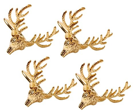 RORPOIR Serviettenringe Mit Elchkopf Aus Legierung Weihnachtsdeko Serviettenschnallen Für Esstisch Feiertagsdekoration 4 Stück Goldfarben