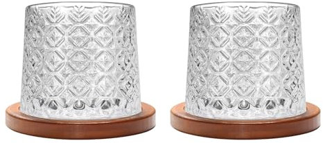 Uten Calice da Acqua Rotante, 275 ML/10 OZ Bicchiere Whisky Cristallo, Sottobicchiere in Bambù, Sensazione Spessa, Coppa da Rum Vetro Latte, Relax e Decompressione, 2 Bicchiere