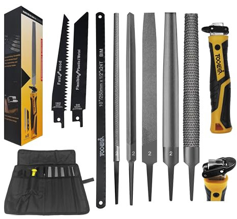 Magicbox Profi Feilenset 8tlg. für Metall, Holz, Leder, 200mm Chrom-Vanadium-Stahl Feilen Set mit Sägeblatt & Quick-Lock-System, Metallfeilen mit Ergonomischer Griff und Aufrolltasche, Holzraspel