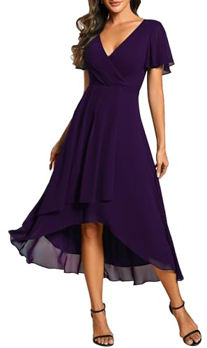 Ever-Pretty Abito da Ospite Scollo A V Maniche A Volant Gonna A Trapezio Abiti Cerimonia Donna Eleganti Viola Scuro 34