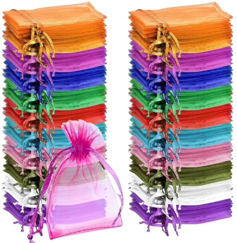KINDPMA 100 Stück Organzasäckchen Geschenksäckchen 10x15 cm Klein Organzabeutel mit Kordelzug Organza Durchsichtig Organza-Säckchen Weiß für Schmuck Hochzeit Süßigkeiten,farbmischung
