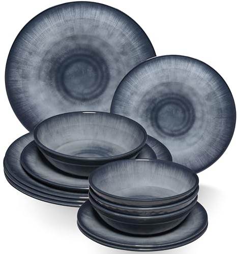 Jesolo Set de vaisselle en mélamine pour 4 personnes - 12 pièces - Aspect faïence - Passe au lave-vaisselle - Accessoires de camping - Caravane - Festival - Pique-nique - Fête de jardin
