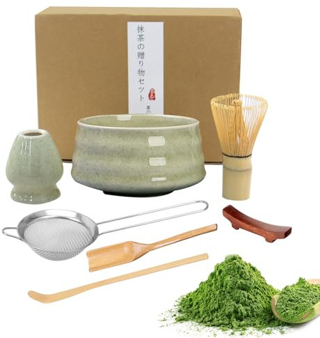 Matcha Whisk Set, 7 Pcs Premium Matcha Kit for Ceremony - Ceramic Matcha Bowl and Whisk Holder, Bamboo Whisk, Sifter, Scoop, Spoon, Rest, for Making Breakfast/Matcha Latte, Gift for Matcha Lover