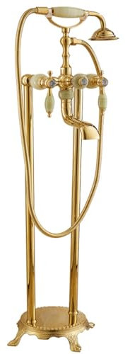 Water-Tap Robinet de Baignoire autoportant Robinet Cascade monté au Sol Pommeau de Douche à Main en Laiton Chaud et Froid Robinet mitigeur de Bain-Douche autoportant Gold Enterprise Faucet