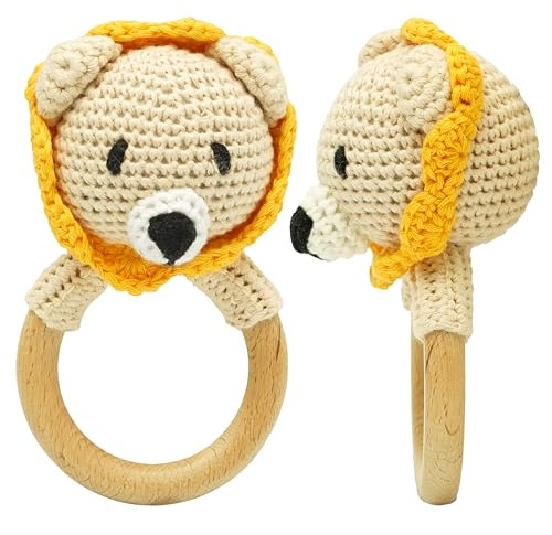 Beißring Baby Löwe gelb gehäkelt aus Holz – Handgemachte Rassel – Montessori Geschenk zur Geburt – Holzspielzeug von Little Hoodies