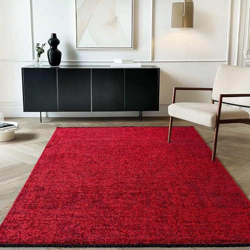 Carpetsale24 Baumwolle Teppich Rot 240x340 cm Waschbar, Boho-Stil, Vintage Kelim, Kurzflor, rutschfest & Weich, Einfarbig Meliert, Für Wohnzimmer, Schlafzimmer, Büro & Küche