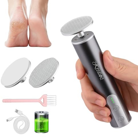 Kredioo Cordless Electric Foot File, Hard Skin Callus Remover, Pedicure Tools, Adjustable Speed, for Dry Dead Skin, Feet Callus, Cracked Heels, 2 Reusable Nano Glass Head, 1 Brush, Grey
