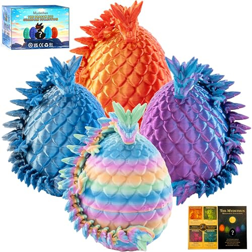 Mydethun 3D Printed Dragon Egg, Birthday Gifts for Kids, 27 Joints Articulated Dragon Toys, Fidget Collectible Fantasy Decor, Educational Rewards, Set of 4 Mystery Eggs