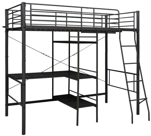 Gecheer Klappbett für 2 Personen, Etagenbett mit Tisch ohne Matratze, Schwarz, Metall, 90 x 200 cm