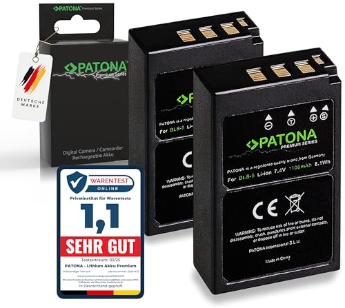 PATONA 2X Premium Batería Repuesto para Olympus BLS-5 1100mAh Compatible con Olympus E-450 OM-D E-M10 Mark II III S IV Pen E-P3 E-PL1 E-PL2 E-PL3 E-PL5 E-PL6 E-P7 E-PL7 EPL8 EPL10 EPM1 EPM2 BLS5