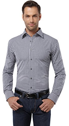 EMBRAER Camisa de Hombre, Ajustada Entallada (Slim-fit), 100% algodón, Manga-Larga, Cuello Kent, con entredós de Contraste, de Cuadros Gris Oscuro 41-42