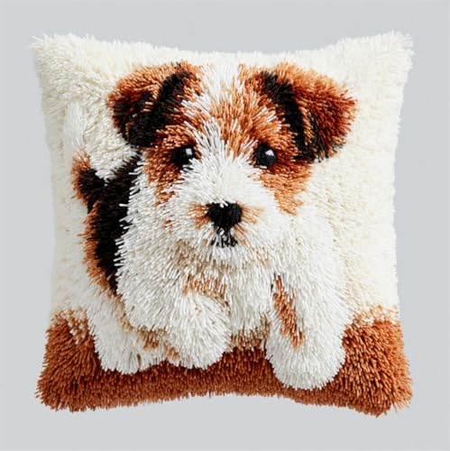 kitphoenix Latch Hook Kissen Kit Tiere Hund Russell Terrier Knüpfkissen Set Für Anfänger Erwachsene Oder Kinder Zum Selber Knüpfen, Diy Knüpfteppich Knüpfpackung, Knüpfhaken Set 43 X 43 Cm