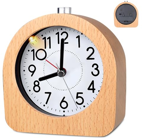 Analog träväckarklocka med snooze, väckarklocka analog utan tickande, sängbordsklocka med nattlampa, retro träväckarklocka, tyst bordsklocka utan tickande för kontor, sovrum, arbetsrum