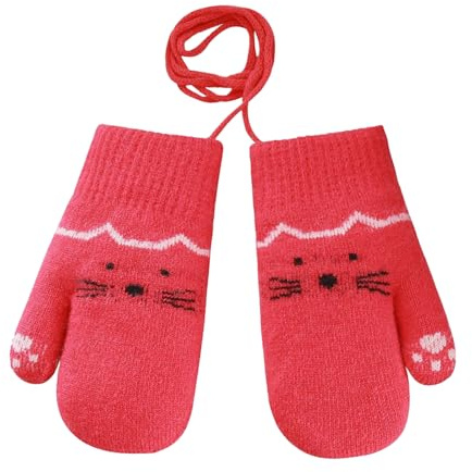 FakeFace Niedliche Baby Fäustlinge Katzen Handschuhe Jungen Mädchen mit Schnur Doppelte Winter Wärme Fleecefutter Strickhandschuhe Winterhandschuhe für 0-3 Jahre Kleinkinder