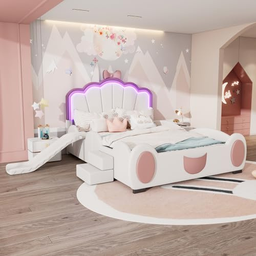 EINHOM Kinderbett 140 x 200 cm, Doppelbett Polsterbett Princess-Kinderbett mit Rutsche und Leiter, mit LED-Kronenform-Kopfteil, als Mädchenbett Geeignet, Ohne Matratze (Rosa + Weiß)