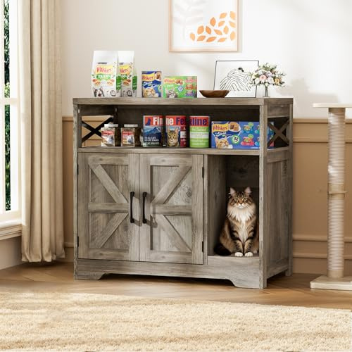 BonVache Armario para gatos, casa de madera para gatos, armario para gatos con puerta, letrina oculta para gatos con rascador para gatos, mesa auxiliar, 79 x 43 x 72.5 cm, gris