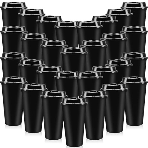 30 Pack Black Reusable Coffee Cups with Lids, 450ml Plastic Travel Tumblers | Leak-Proof to Go Coffee Cups for Hot Cold Drinks, Travel Mugs for Birthday Hen Party Office Picnic