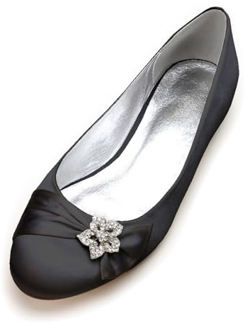 LRMYMHY Mujer Punta Redonda Satén Bailarinas sin Cordones Zapatos De Boda De Novia Planos con Diamantes De Imitación,Negro,37 EU