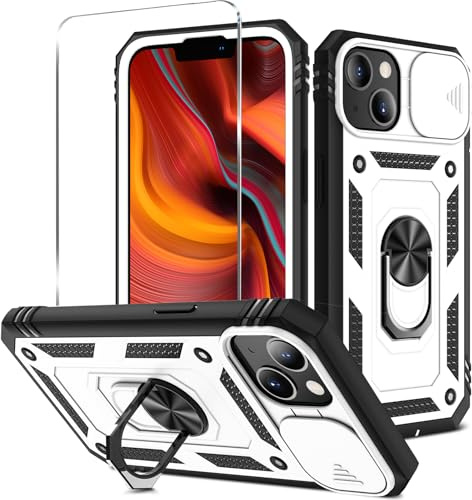 HAONANDE Custodia per Apple iPhone 13 / iPhone 14 con 1 Vetri Temperati, Cover Antiurto Grado Militare 360° con Copriobiettivo Scorrevole e Anello Magnetico per Supporto Auto Bianco nero