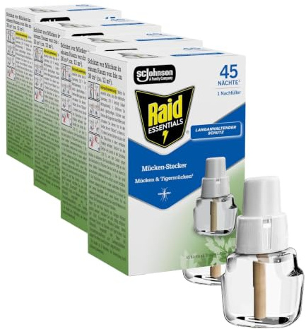 Raid Essentials Mückenstecker 45 Nächte Nachfüller, Elektrischer Insekten-Schutz vor Mücken & Tigermücken, 4er Pack (1 x 32 ml), Tablette