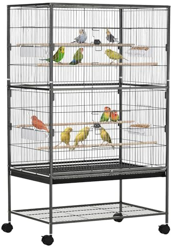 PawHut Großer Vogelkäfig auf Füßen, Papageienkäfig auf Rädern mit 4 Sitzstangen, 4 Futternäpfen und abnehmbarem Tablett, Vogelvoliere innen für Kanarienvogel Nymphensittich, 78x52x132cm, dunkelgrau