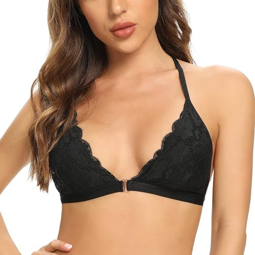 SHEKINI Womens Lace Bra Halter Neck Bras Race Back Wireless Padded Bralette | Triangle, Front Fastening, Removable Pads, Non Wired, Adjustable Straps, Comfortable, Everyday, Breathable