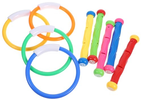 Hohopeti Juego de Juguetes de Natación, Set de 9 Piezas 4 Anillos y 5 Palos de Buceo de Plástico Resistente, Ideales para Piscina y Entrenamiento Acuático, Diversión Veraniega Segura