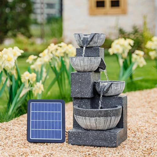 Warmiehomy Solar Water Feature for the Garden, 4-Tier Solar Water Fountain with LED Lights, 46.5CM Outdoor Waterfall Fountain for Garden, Resin Solar Powered Water Fountain for Patio Decor, Grey