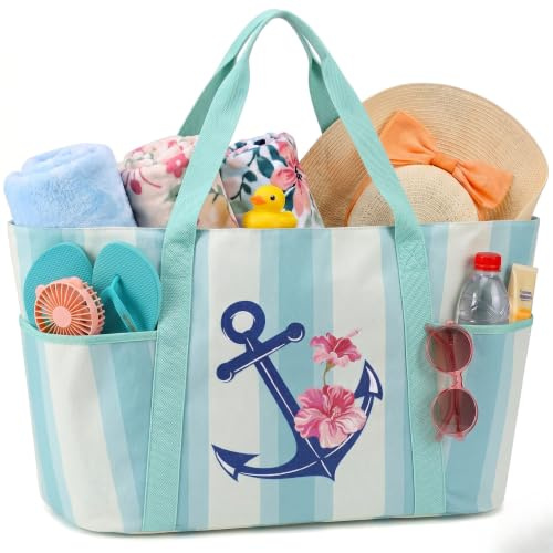 Suweir Strandtasche XXL mit Reißverschluss Canvas Badetasche Groß mit Nassfach Schwimmtasche Damen Beach Bag faltbare Shopper Familie Urlaub Reise 50L