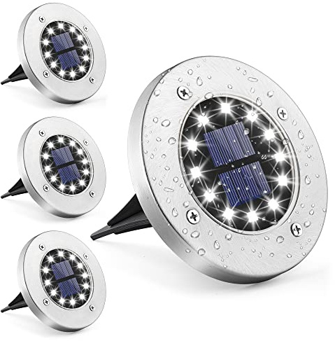 GIGALUMI Solar Bodenleuchte 12 LEDs 4 Stück Solarleuchten Weiß Gartenleuchten Edelstahl Wasserdicht für außen, Garten, Terrasse, Rasen, Hof, Gehweg