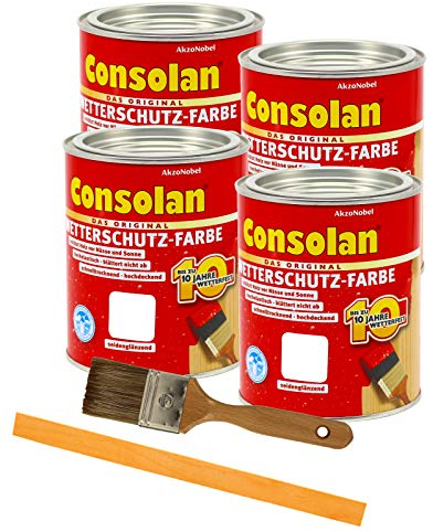 Consolan Wetterschutzfarbe deckend Holzschutzfarbe Holzfarbe bis zu 10 Jahre wetterbeständig für Holz und Zink Außen inkl. Pinsel (4 x 0,75L, weiss)