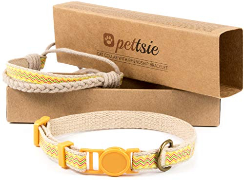 Pettsie Katzenhalsband mit Sicherheitsverschluss und Freundschaftsarmband für Sie, Starke Baumwolle, D-Ring für Zubehör, einstellbare Größe 12,7-20,3 cm, Gelb