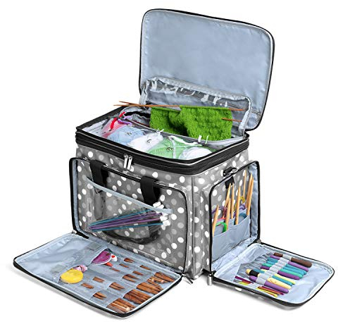 Luxja Wolle Tasche für Garn, Handarbeitstasche für Stricken, Stricktasche für Garn Stränge, Häkelnadeln, Stricknadeln (bis 14 Zoll) und Andere Zubehör, Graue Punkte