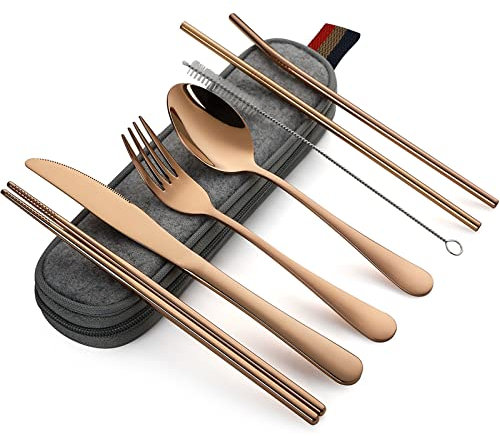 DEVICO Camping Cutlery, Travel Cutlery Set with Case, Portable Stainless Steel Camping Utensils Include Knife Fork Spoon Chopsticks Straws Brush (Rose Gold)