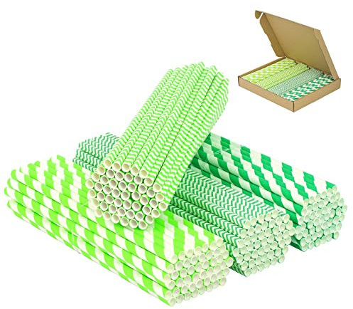 PATAZOK 200 cannucce di carta verdi a righe, cannucce per feste, per feste a tema dinosauro, decorazione per bambini, compleanni, succhi di frutta (verde, 4 stili)