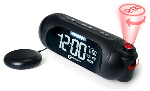 Geemarc Wake n Shake Spot - Sveglia extra forte con allarme programmabile, un proiettore e un potente shaker Pad- Porta USB per la ricarica di smartphone, colore nero - Versione UK