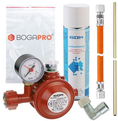 BOGAPRO Gasdruckregler 50 mbar Set für Herd oder Ofen mit Niederdruckschlauch 40 cm lang, Stahlrohr 40 cm lang, 90° Winkel. inkl. Polybeutel und Lecksuchspray