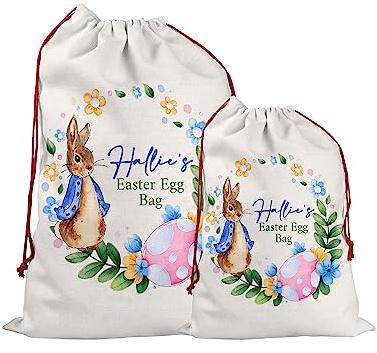Print Maniacs Personalised Easter Egg Sack Basket Bucket Treat Chocolate Bag Peter Bunny Rabbit Easter Egg Hunt Party Favor Gift Decoration (Blue, Canvas)