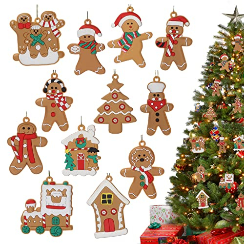 HORLIMER 12PCS Lebkuchenmann Weihnachtsbaumschmuck, Christbaumschmuck Figur Weihnachtsbaum Schmuck Set mit Strings, Lebkuchen Deko für Weihnachtsbaum DIY Party Dekoration, 7.18cm groß