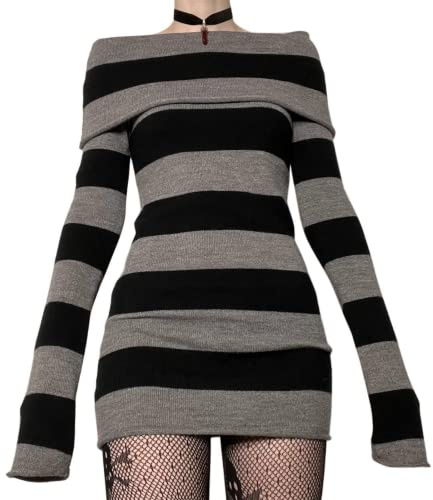FeMereina Women Gothic Off Shoulder Mini Dress Aesthetic Long Sleeve Stripe Bodycon Short Dress Sexy Wrap Ribbed Knit Sweater Dress (Black, L)