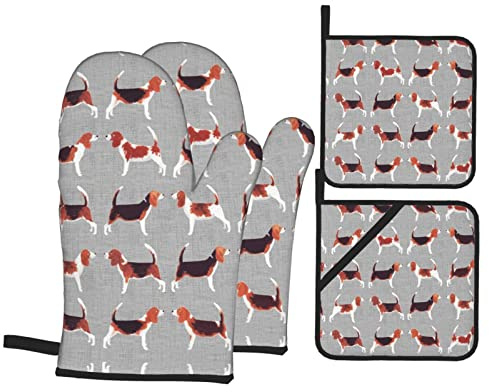 Beagle Patterns Ofenhandschuhe und Topflappen, wasserdicht, Verbrühungsschutz, heiß für Küche, Backen, Kochen, Grillen, 4 Stück