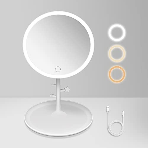 tekstap LED Schminkspiegel mit 3-Farben-LED, Touch-Dimmfunktion & 110° Drehung – Wiederaufladbarer Kosmetikspiegel abnehmbar, tragbar für Reise, Schminktisch und Schlafzimmer (Rund)